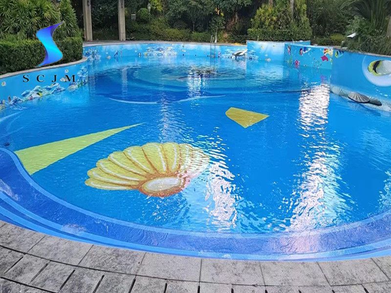 浙江省室外小區游泳池改造防水膠膜定制圖案案例